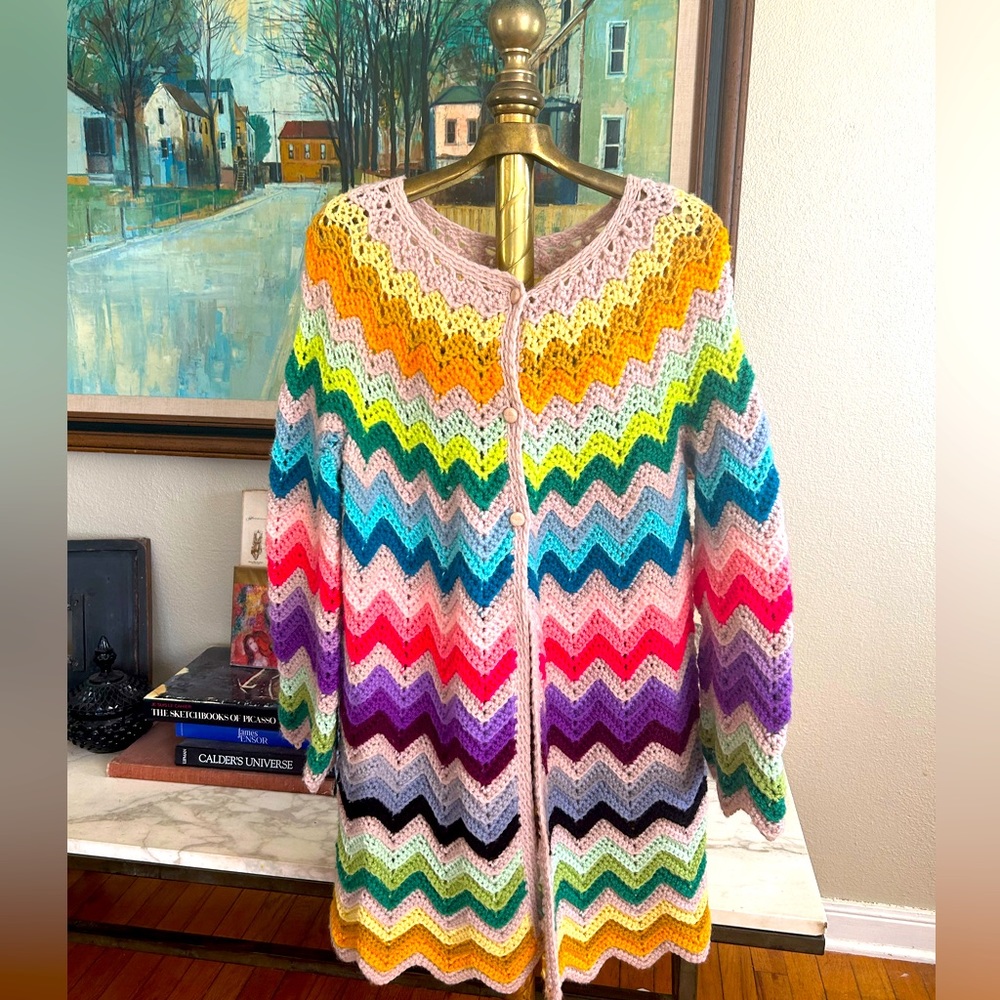 Vintage Multicolor Chevron Crochet Cardigan - Pink, Yellow, Green, Blue, Purple